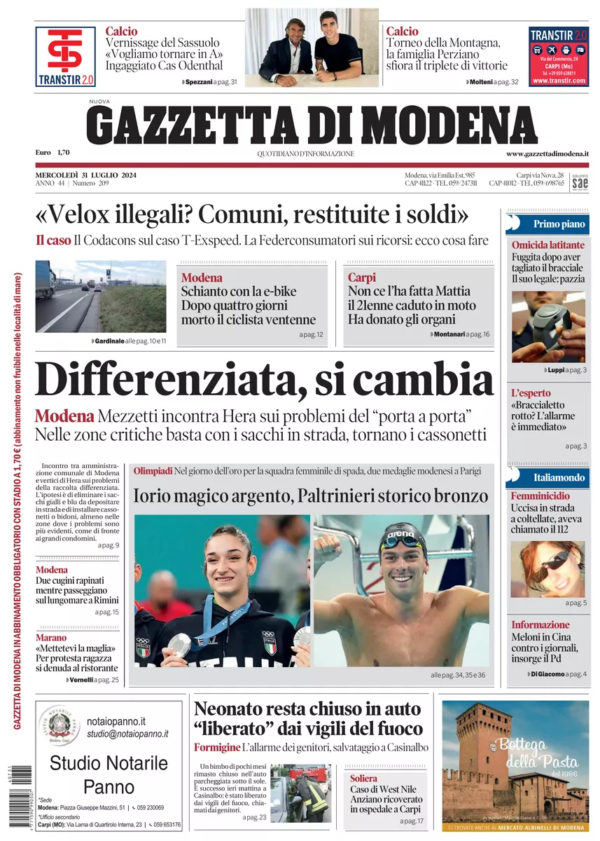 Prima-pagina-gazzetta di modena-oggi-edizione-del-2024-07-31